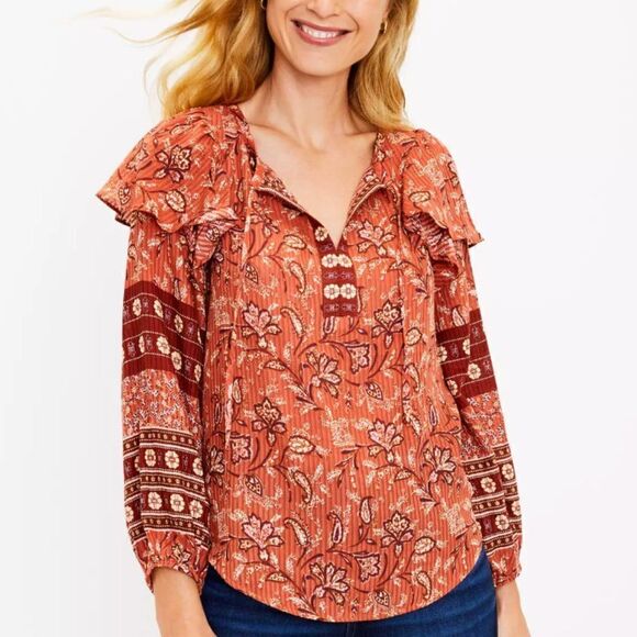 Loft Bouquet Ruffle Tie Neck Blouse Size M - Picture 1 of 9